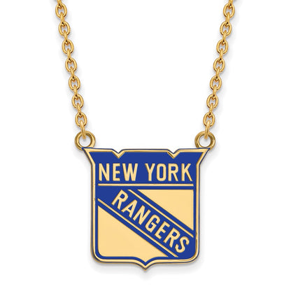 Gold Plated Sterling Silver Nhl Logoart New York Rangers Large Enameled Pendant 18 Inch Necklace