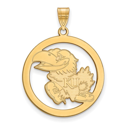 Gold Plated Sterling Silver Logoart University Of Kansas Jayhawk Large Circle Pendant