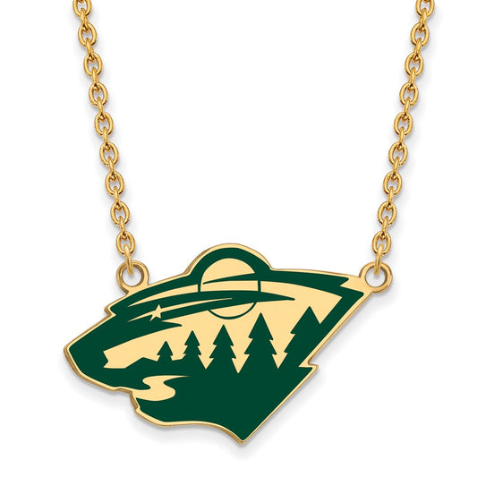 Gold Plated Sterling Silver Nhl Logoart Minnesota Wild Large Enameled Pendant 18 Inch Necklace