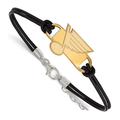 Gold Plated Sterling Silver Nhl Logoart St. Louis Blues Small Center Black Leather 7 Inch Bracelet With Extender