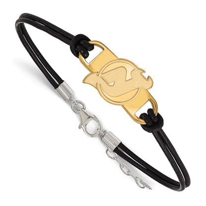 Gold Plated Sterling Silver Nhl Logoart New Jersey Devils Small Center Black Leather 7 Inch Bracelet With Extender