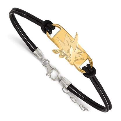 Gold Plated Sterling Silver Nhl Logoart San Jose Sharks Small Center Black Leather 7 Inch Bracelet With Extender