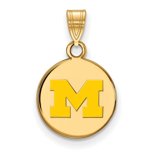 Gold Plated Sterling Silver Logoart University Of Michigan Letter M Small Yellow Enameled Disc Pendant