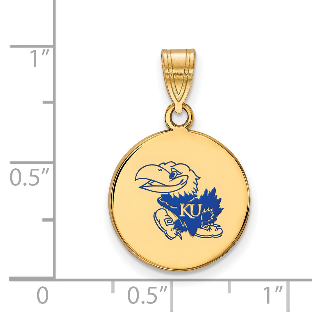 Gold Plated Sterling Silver Logoart University Of Kansas Jayhawk Med Enameled Disc Pendant