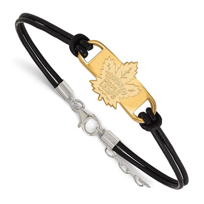 Gold Plated Sterling Silver Nhl Logoart Toronto Maple Leafs Small Center Black Leather 7 Inch Bracelet With Extender