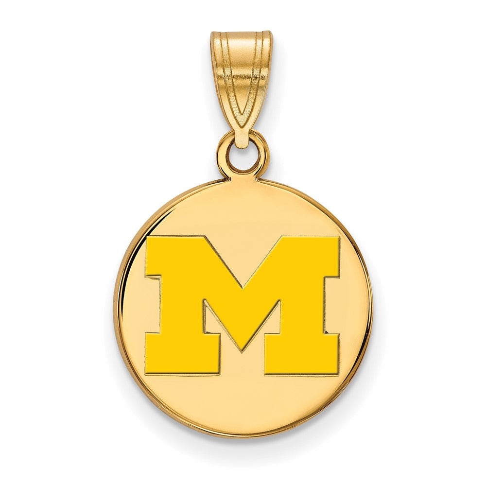 Gold Plated Sterling Silver Logoart University Of Michigan Letter M Medium Yellow Enameled Disc Pendant