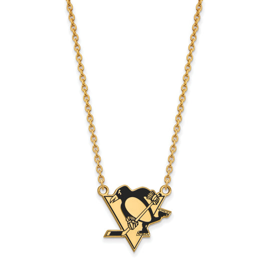 Gold Plated Sterling Silver Nhl Logoart Pittsburgh Penguins Large Enameled Pendant 18 Inch Necklace