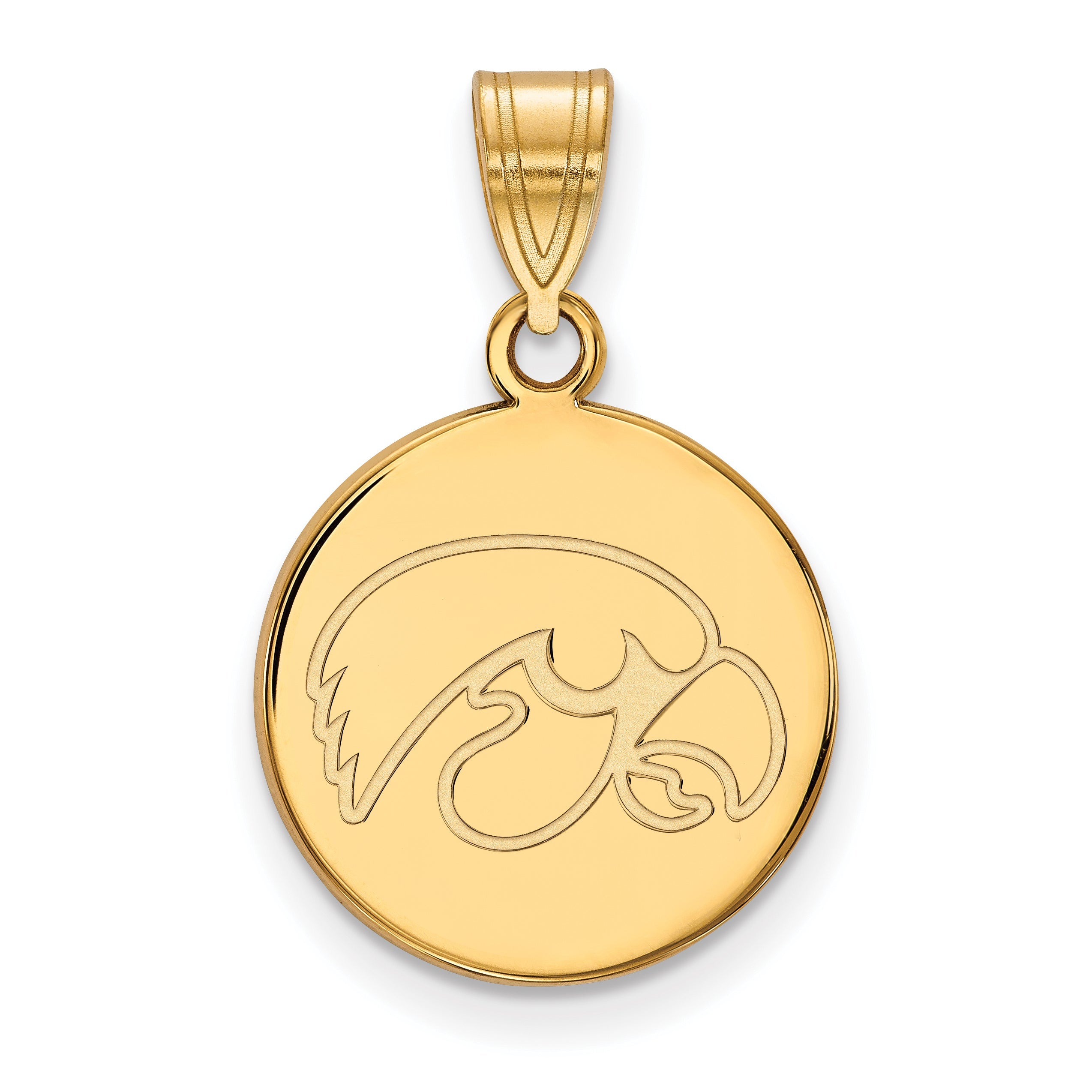 14K Yellow Gold Logoart University Of Iowa Hawk Medium Round Disc Pendant