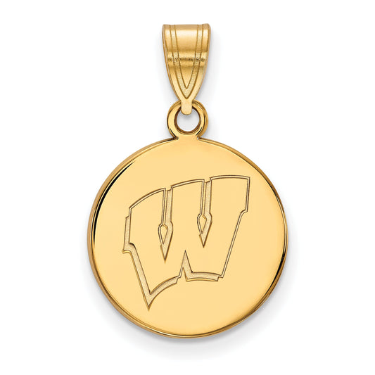 Gold Plated Sterling Silver Logoart University Of Wisconsin Letter W Medium Disc Pendant