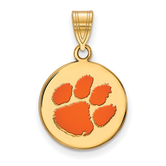 Gold Plated Sterling Silver Logoart Clemson University Tiger Paw Medium Enameled Disc Pendant