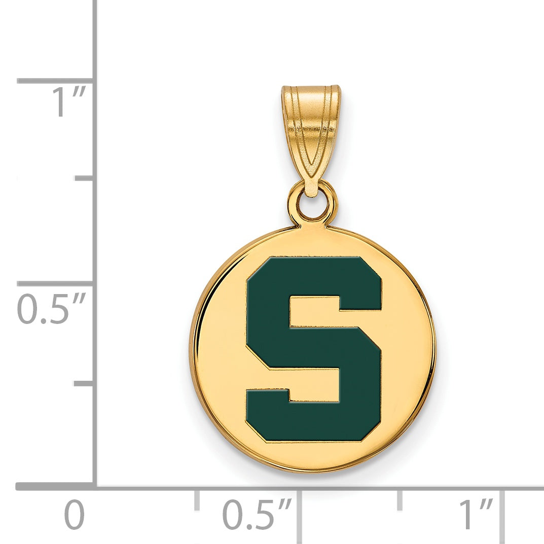 Gold Plated Sterling Silver Logoart Michigan State U Medium Enameled Disc Pendant