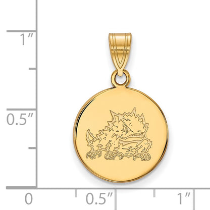 14K Yellow Gold Logoart Texas Christian University Horned Frog Medium Disc Pendant