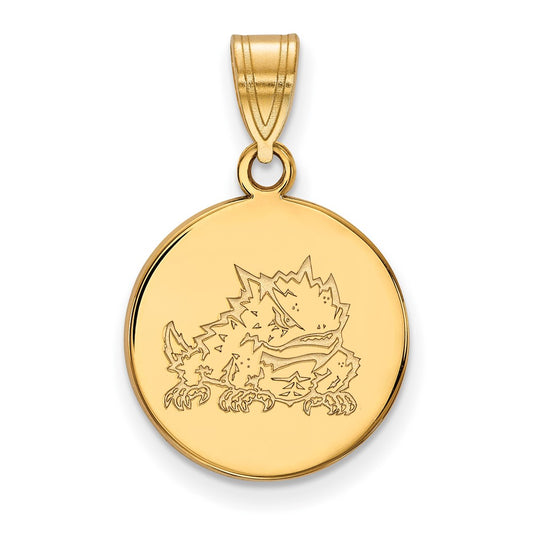 10K Yellow Gold Logoart Texas Christian University Horned Frog Medium Disc Pendant