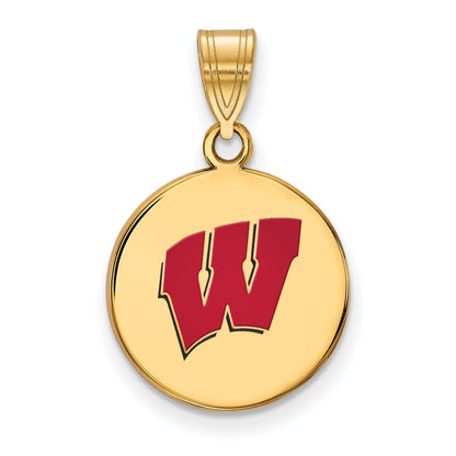 Gold Plated Sterling Silver Logoart University Of Wisconsin Letter W Medium Enameled Disc Pendant