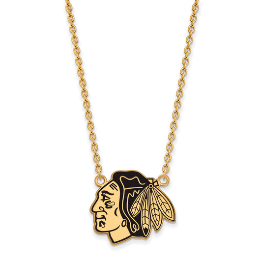 Gold Plated Sterling Silver Nhl Logoart Chicago Blackhawks Large Enameled Pendant 18 Inch Necklace