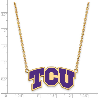 Gold Plated Sterling Silver Logoart Texas Christian University T C U Large Enameled Pendant 18 Inch Necklace