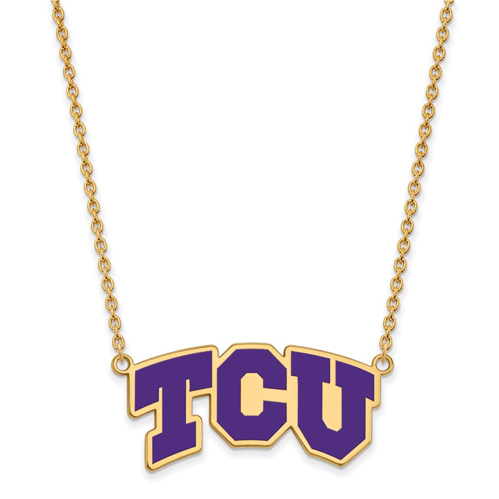 Gold Plated Sterling Silver Logoart Texas Christian University T C U Large Enameled Pendant 18 Inch Necklace