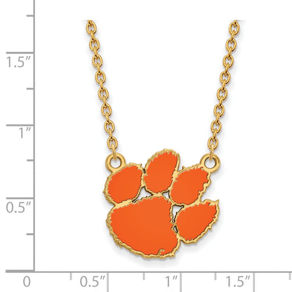 Gold Plated Sterling Silver Logoart Clemson University Tiger Paw Large Enameled Pendant 18 Inch Necklace