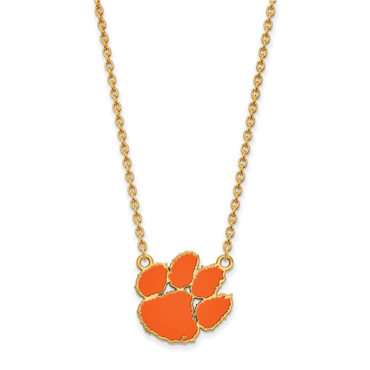 Gold Plated Sterling Silver Logoart Clemson University Tiger Paw Large Enameled Pendant 18 Inch Necklace