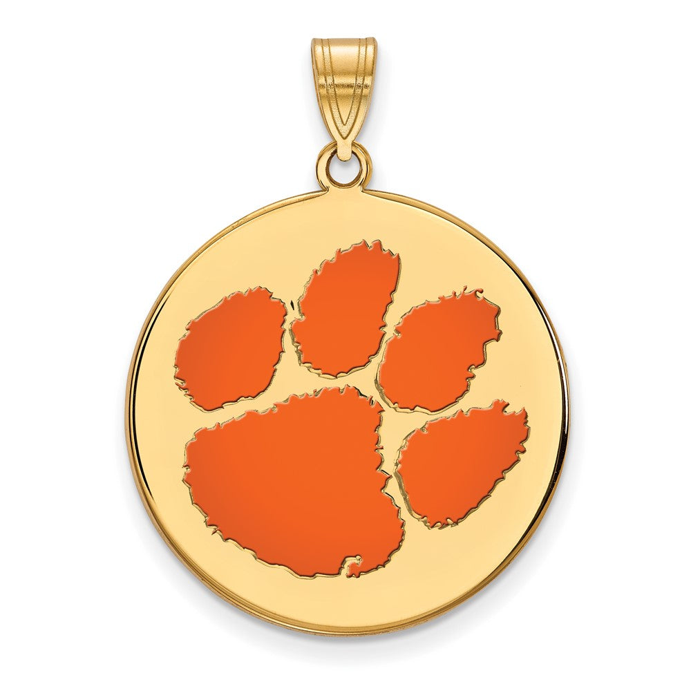 Gold Plated Sterling Silver Logoart Clemson University Tiger Paw Extra Large Enameled Disc Pendant