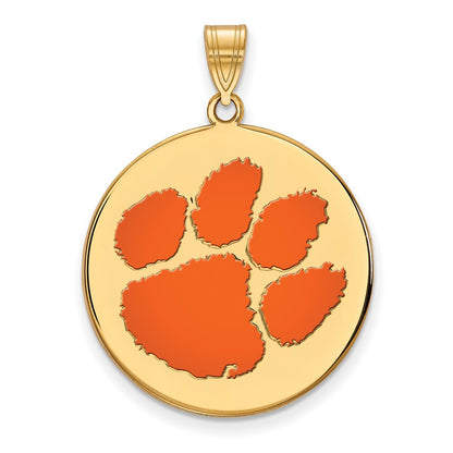 Gold Plated Sterling Silver Logoart Clemson University Tiger Paw Extra Large Enameled Disc Pendant