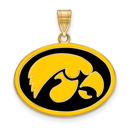 Gold Plated Sterling Silver Logoart University Of Iowa Hawk Large Oval Enameled Pendant