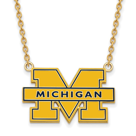 Gold Plated Sterling Silver Logoart University Of Michigan Letter M Large Blue Enameled Pendant 18 Inch Necklace