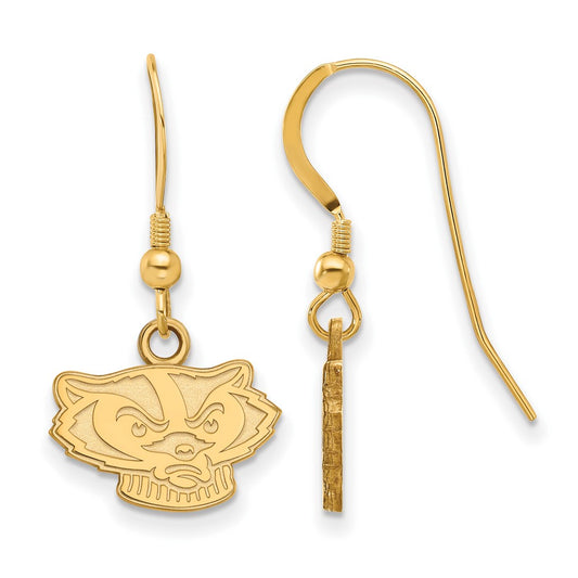 Gold Plated Sterling Silver Logoart University Of Wisconsin Badger Extra Small Dangle Wire Earrings