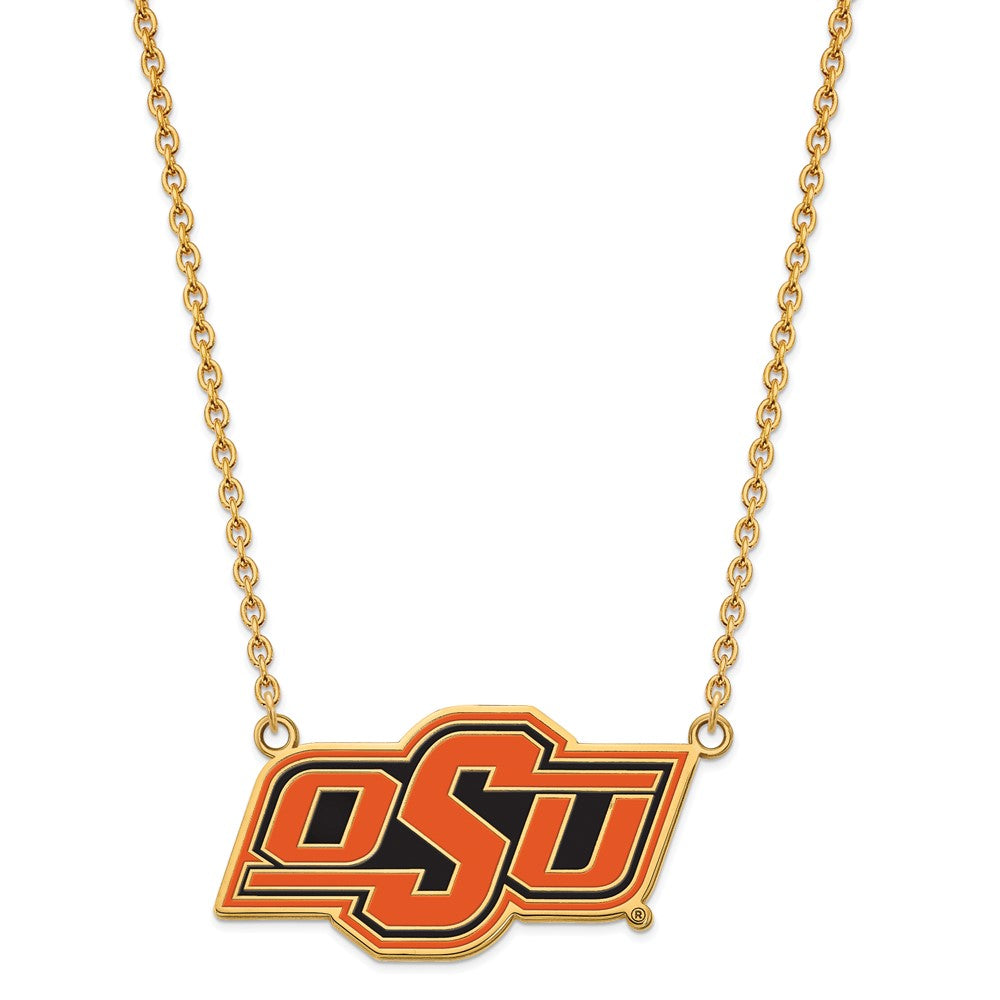 Gold Plated Sterling Silver Logoart Oklahoma State University O S U Large Enameled Pendant 18 Inch Necklace