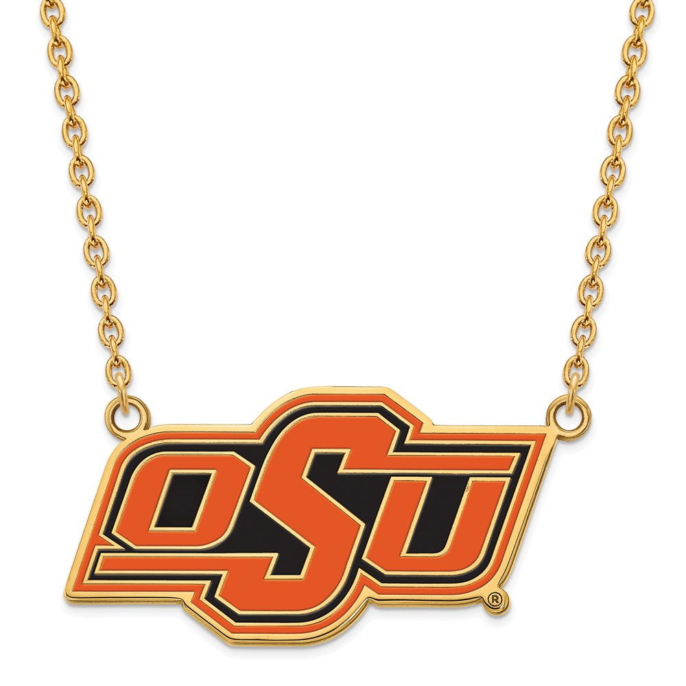 Gold Plated Sterling Silver Logoart Oklahoma State University O S U Large Enameled Pendant 18 Inch Necklace