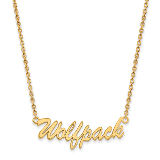 Gold Plated Sterling Silver Logoart North Carolina State University Medium Wolfpack Script Pendant 18 Inch Necklace