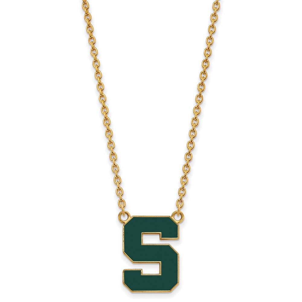 Gold Plated Sterling Silver Logoart Michigan State University Letter S Large Enameled Pendant 18 Inch Necklace