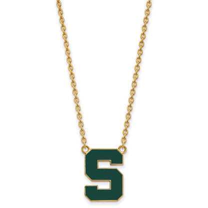 Gold Plated Sterling Silver Logoart Michigan State University Letter S Large Enameled Pendant 18 Inch Necklace