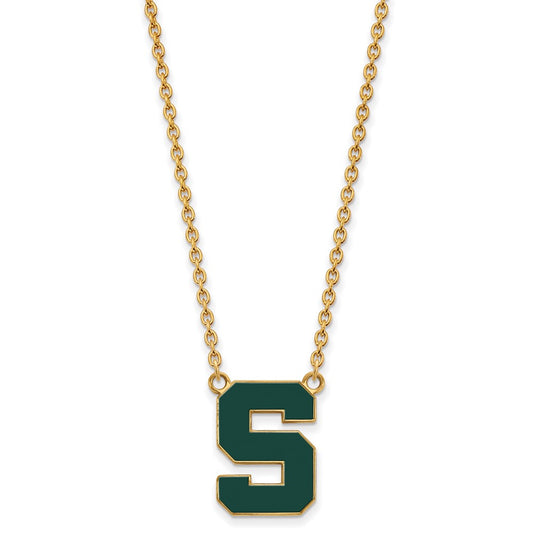 Gold Plated Sterling Silver Logoart Michigan State University Letter S Large Enameled Pendant 18 Inch Necklace