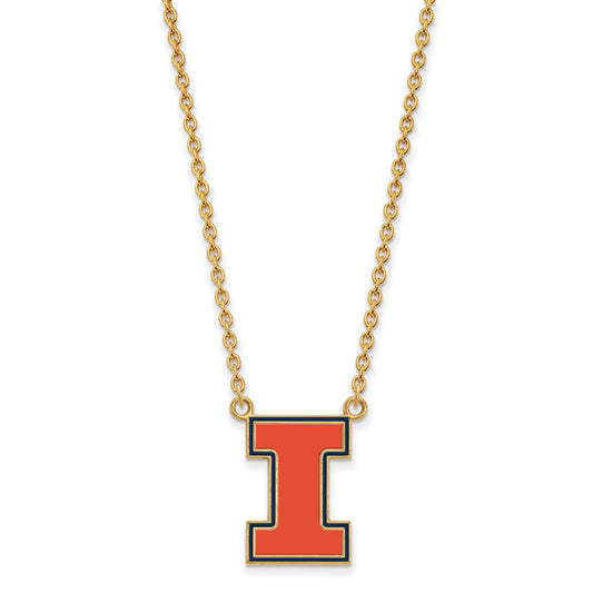Gold Plated Sterling Silver Logoart University Of Illinois Letter I Large Enameled Pendant 18 Inch Necklace