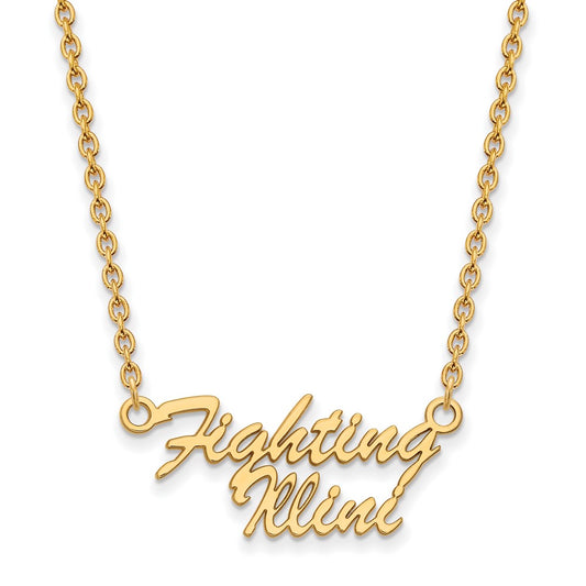 Gold Plated Sterling Silver Logoart University Of Illinois Fighting Illini Script 18 Inch Necklace