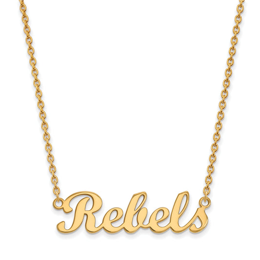 Gold Plated Sterling Silver Logoart University Of Mississippi Rebels Script Bar 18 Inch Necklace