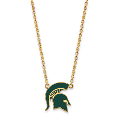 Gold Plated Sterling Silver Logoart Michigan State University Spartan Large Enameled Pendant 18 Inch Necklace
