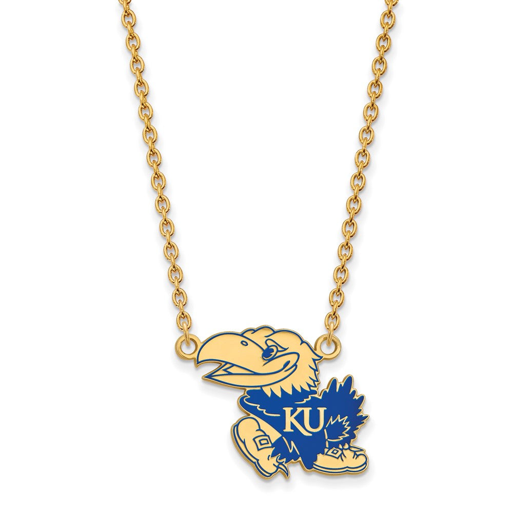 Gold Plated Sterling Silver Logoart University Of Kansas Jayhawk Large Enameled Pendant 18 Inch Necklace
