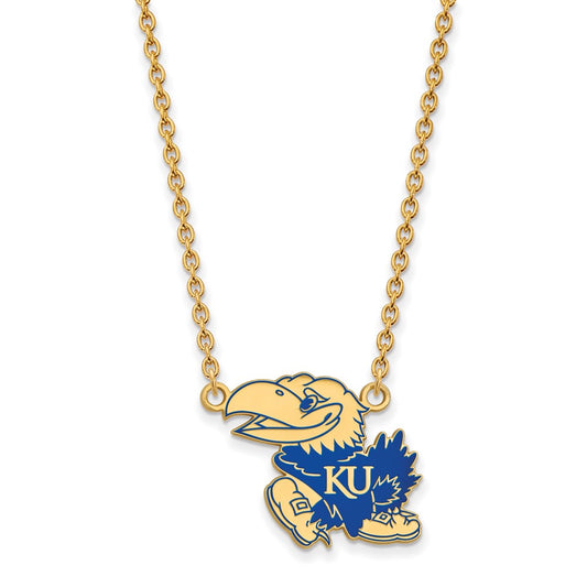 Gold Plated Sterling Silver Logoart University Of Kansas Jayhawk Large Enameled Pendant 18 Inch Necklace