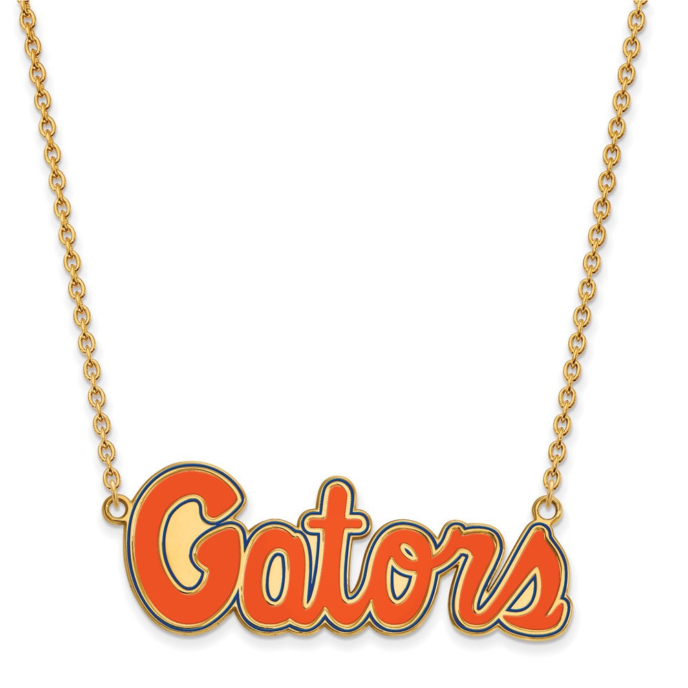 Gold Plated Sterling Silver Logoart University Of Florida Gators Script Large Enameled Pendant 18 Inch Necklace