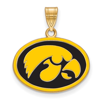 Gold Plated Sterling Silver Logoart University Of Iowa Hawk Medium Oval Enameled Pendant
