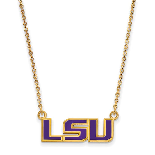 Gold Plated Sterling Silver Logoart Louisiana State University L S U Small Enameled Pendant 18 Inch Necklace
