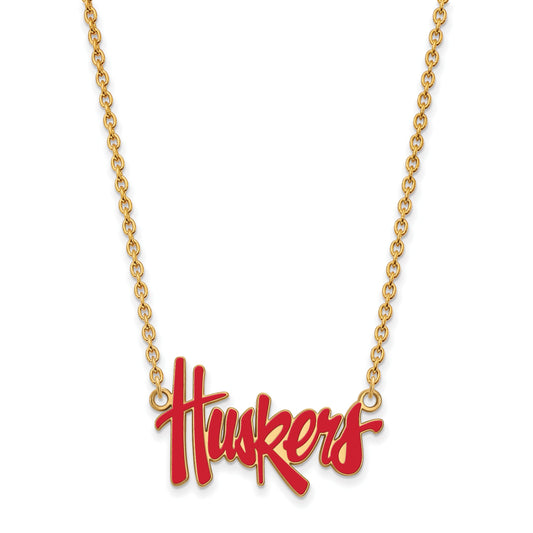 Gold Plated Sterling Silver Logoart University Of Nebraska Huskers Script Large Enameled Pendant 18 Inch Necklace