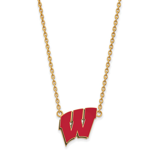 Gold Plated Sterling Silver Logoart University Of Wisconsin Letter W Large Enameled Pendant 18 Inch Necklace