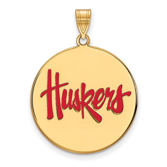 Gold Plated Sterling Silver Logoart University Of Nebraska Huskers Extra Large Enameled Disc Pendant