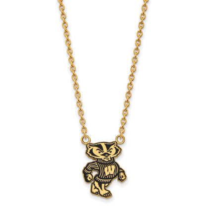 Gold Plated Sterling Silver Logoart University Of Wisconsin Badger Large Enameled Pendant 18 Inch Necklace