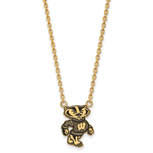 Gold Plated Sterling Silver Logoart University Of Wisconsin Badger Large Enameled Pendant 18 Inch Necklace