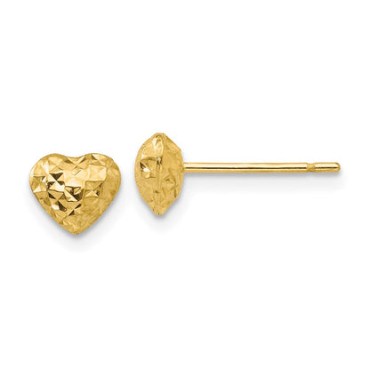 14K Yellow Gold Diamond Cut Puffed Heart Post Stud Earrings