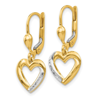 14K Yellow & Rhodium And Textured Polished Heart Leverback Earring
